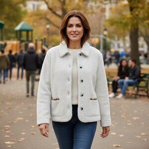 Orvis Womens White Sherpa Button-Up Jacket W/ Tapestry Trim Pockets Size M Polye